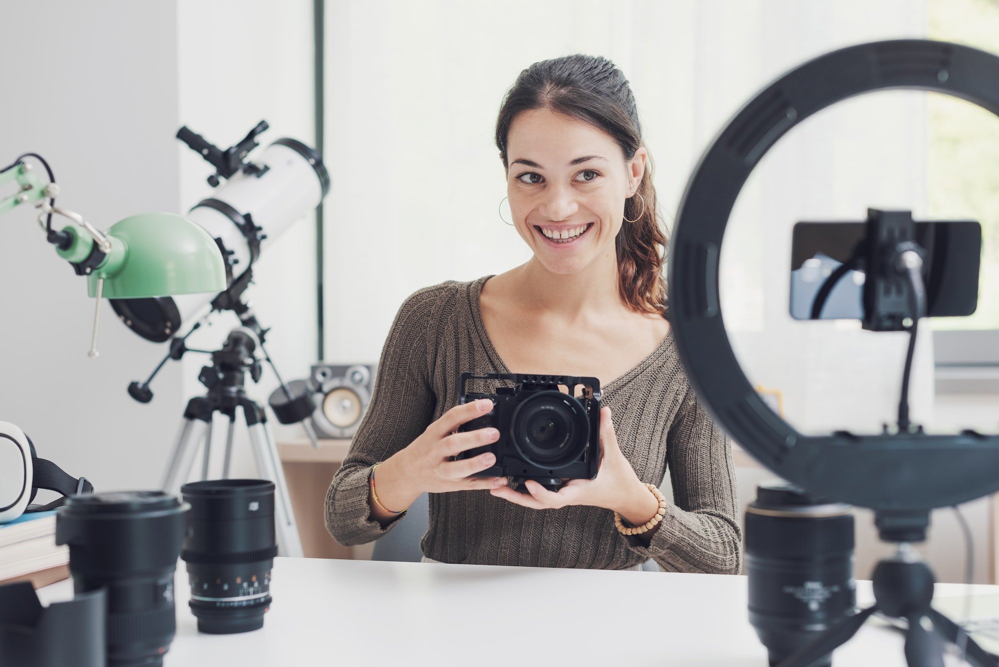 Content creator making a product review video for social media